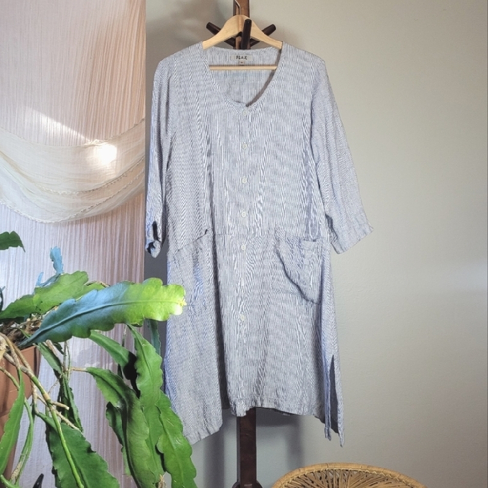 FLAX Striped Button-Down Linen Shirt Dress Tunic Size Small